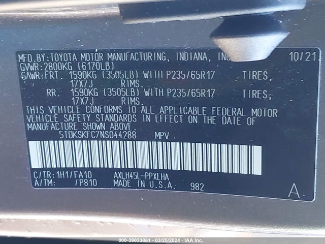 Toyota SIENNA LE 2022 5TDKSKFC7NS044288 Image 9