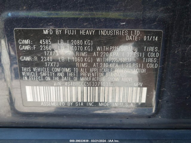 Subaru Outback 2.5i Premium 2014 4S4BRCCC5E3271031 Image 9