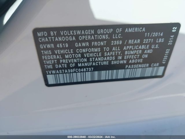 1VWAS7A39FC046737 Volkswagen Passat 1.8t Wolfsburg Edition
