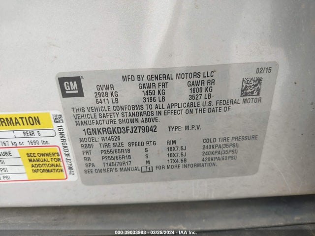 Chevrolet Traverse 1lt 2015 1GNKRGKD3FJ279042 Image 9