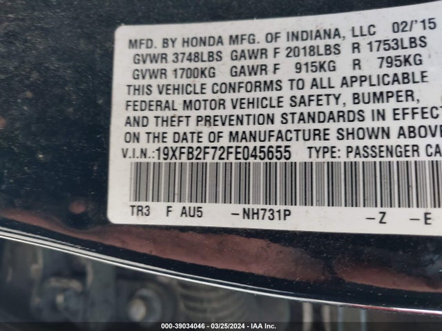 Honda CIVIC SE 2015 19XFB2F72FE045655 Image 9