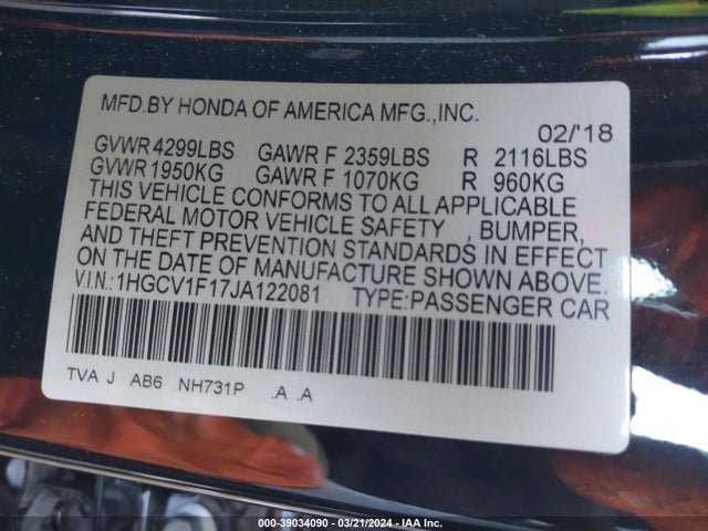 Honda ACCORD LX 2018 1HGCV1F17JA122081 Image 9