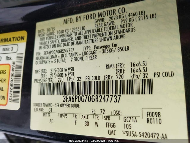 Ford FUSION S 2016 3FA6P0G70GR247737 Image 9