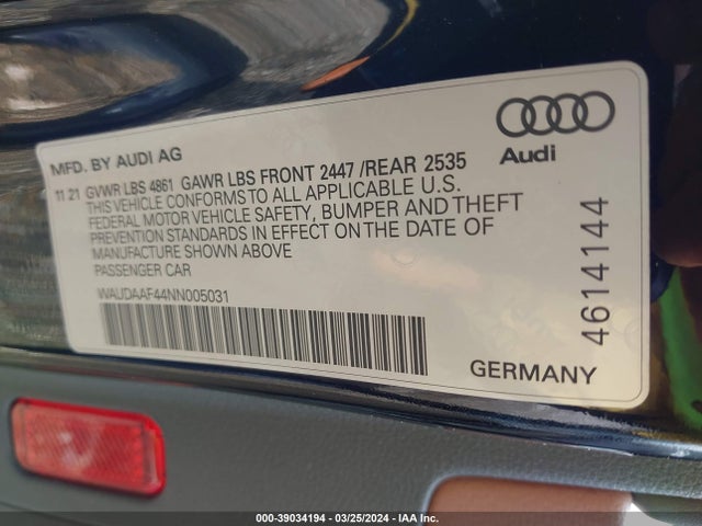 WAUDAAF44NN005031 Audi A4 Premium 45 Tfsi S Line Quattro S Tronic