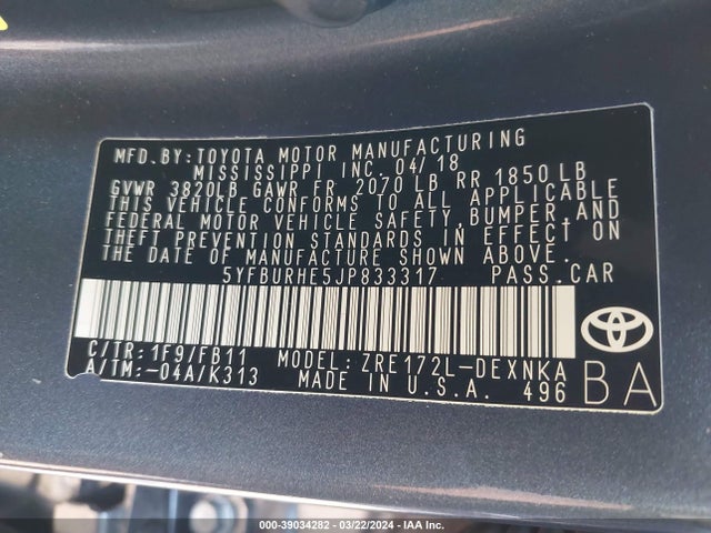 Toyota COROLLA LE 2018 5YFBURHE5JP833317 Image 9