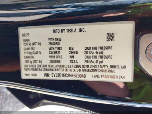 5YJ3E1EC3NF329940 Tesla Model 3 Performance Dual Motor All-wheel Drive