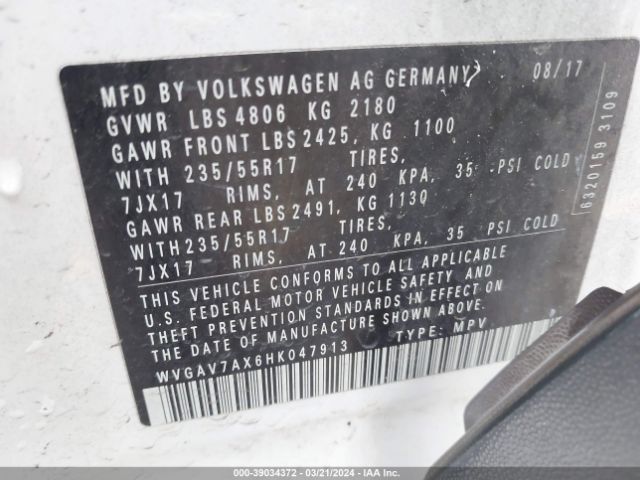 WVGAV7AX6HK047913 Volkswagen Tiguan 2.0t/2.0t S