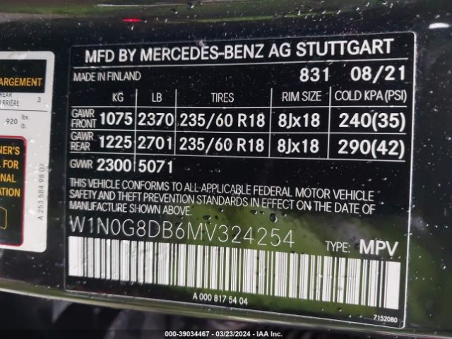 W1N0G8DB6MV324254 Mercedes-Benz Glc 300 Suv