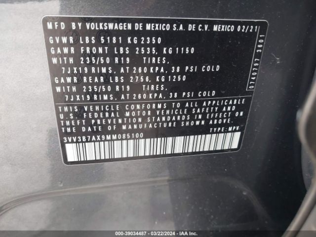 3VV3B7AX9MM085100 Volkswagen Tiguan 2.0t Se/2.0t Se R-line Black/2.0t Sel