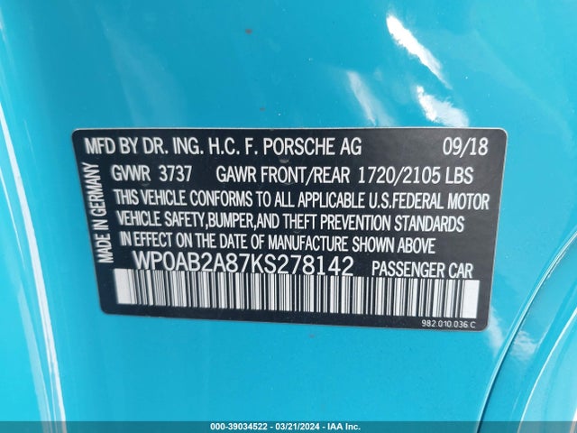 2019 PORSCHE 718 CAYMAN WP0AB2A87KS278142 Photo 8