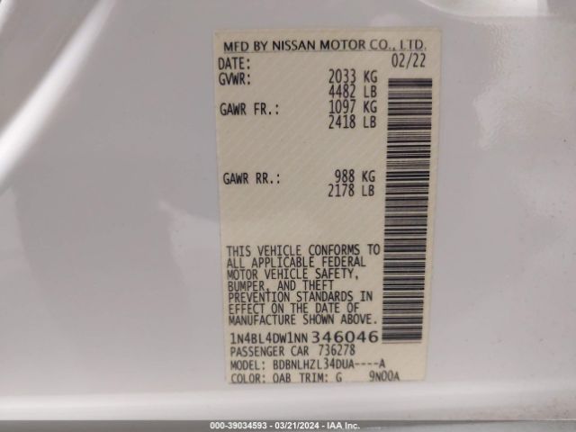 1N4BL4DW1NN346046 Nissan Altima Sv Intelligent Awd