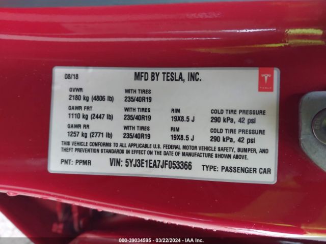 5YJ3E1EA7JF053366 Tesla Model 3 Long Range/mid Range