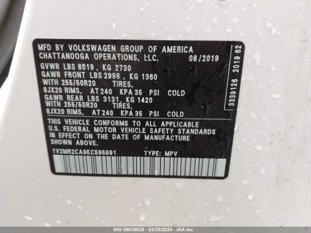 1V2MR2CA9KC595891 Volkswagen Atlas 3.6l V6 Sel