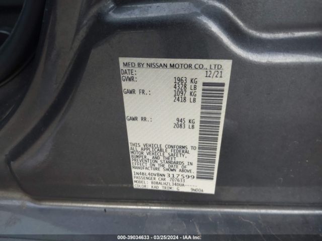 1N4BL4DV8NN317599 Nissan Altima Sv Fwd