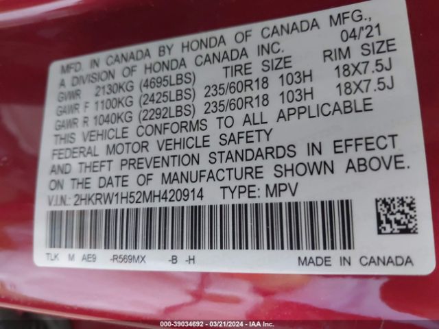 2HKRW1H52MH420914 Honda Cr-v 2wd Ex