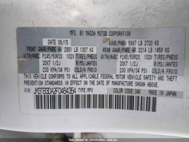 JM3TB3DA2F0464354 Mazda Cx-9 Grand Touring