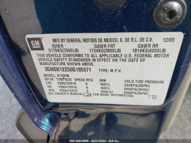 2006 Chevrolet Avalanche 1500 Lt მანქანა იყიდება აუქციონზე, vin: 3GNEK12Z56G185871, აუქციონის ნომერი: 39034909