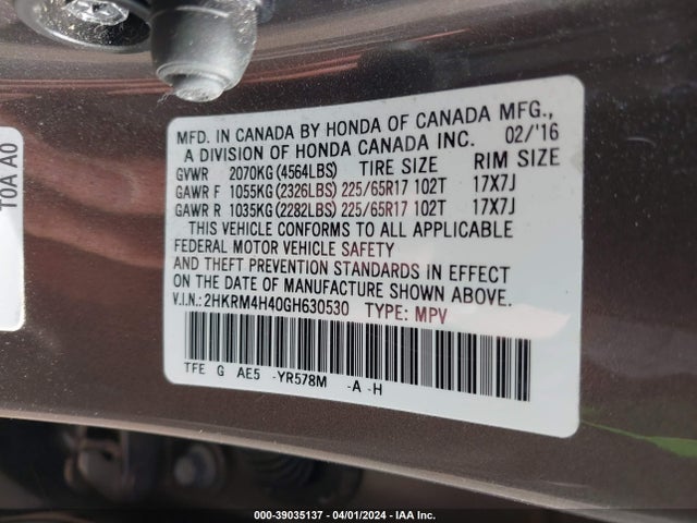 Honda CR-V SE 2016 2HKRM4H40GH630530 Image 9