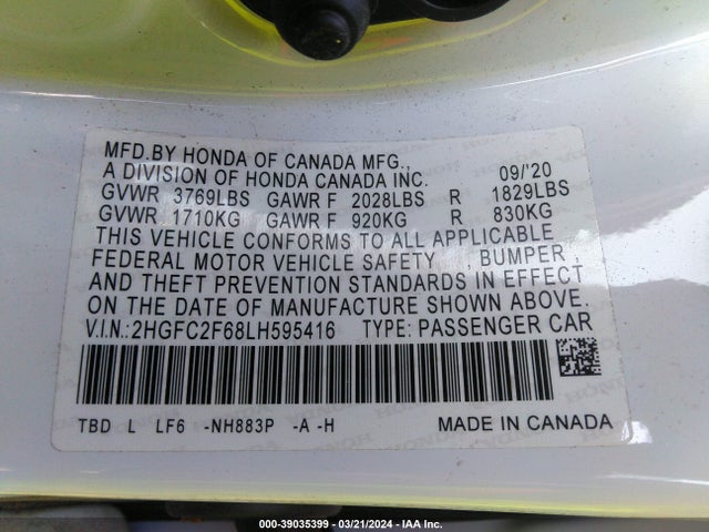 Honda Civic Lx 2020 2HGFC2F68LH595416 Image 9