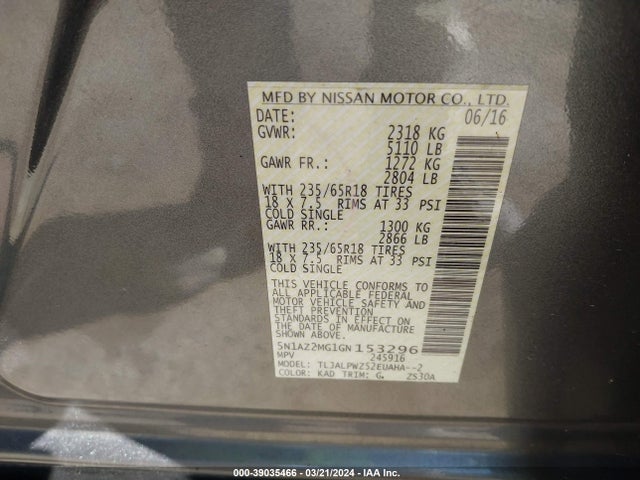 Nissan MURANO S 2016 5N1AZ2MG1GN153296 Image 9