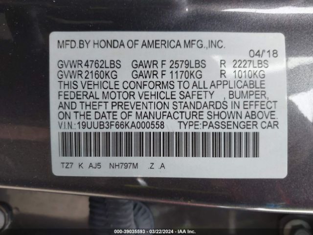 19UUB3F66KA000558 Acura Tlx Tech   A-spec Pkgs