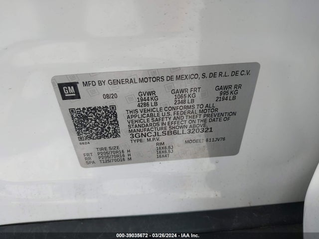 Chevrolet Trax Fwd Lt 2020 3GNCJLSB6LL320321 Image 9