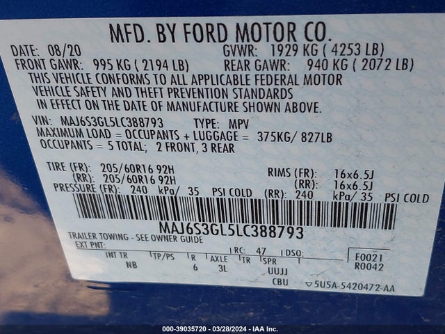 MAJ6S3GL5LC388793 Ford Ecosport Se