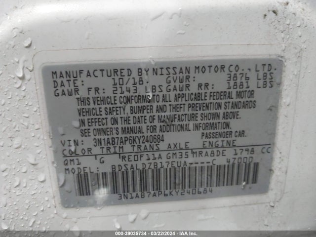 Nissan SENTRA SV 2019 3N1AB7AP6KY240684 Image 9