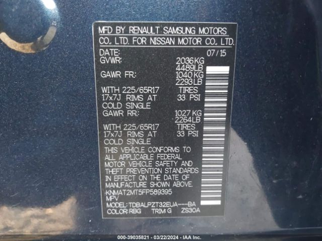 KNMAT2MT5FP589395 Nissan Rogue S/sl/sv