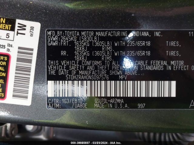 5TDHZRAH0NS097576 Toyota Highlander Xle