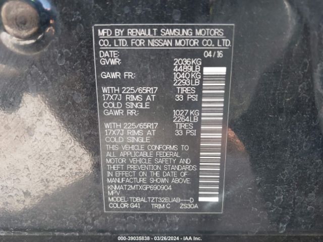 KNMAT2MTXGP690904 Nissan Rogue S/sl/sv