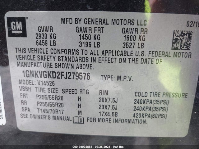 Chevrolet Traverse 1lt 2015 1GNKVGKD2FJ279576 Image 9