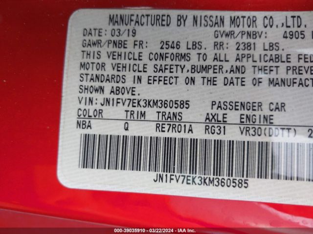JN1FV7EK3KM360585 Infiniti Q60 3.0t Red Sport 400