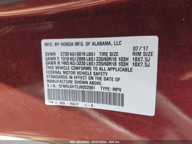 Honda Odyssey Ex-l 2018 5FNRL6H73JB022001 Image 9