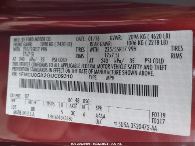 Ford ESCAPE SE 2016 1FMCU0GX2GUC09310 Image 9