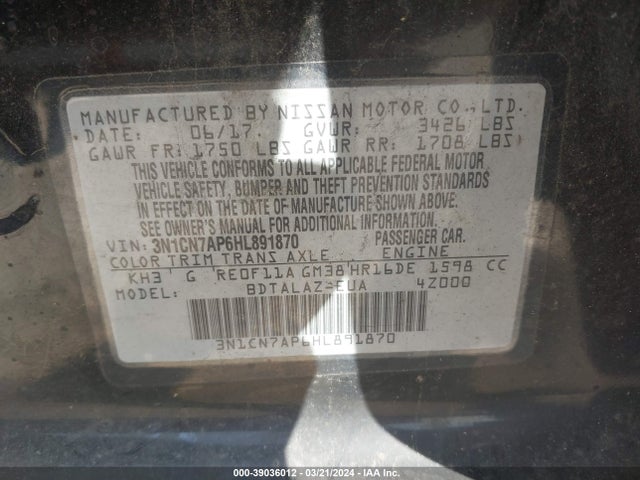 Nissan Versa S/s Plus/sv/sl 2017 3N1CN7AP6HL891870 Image 9