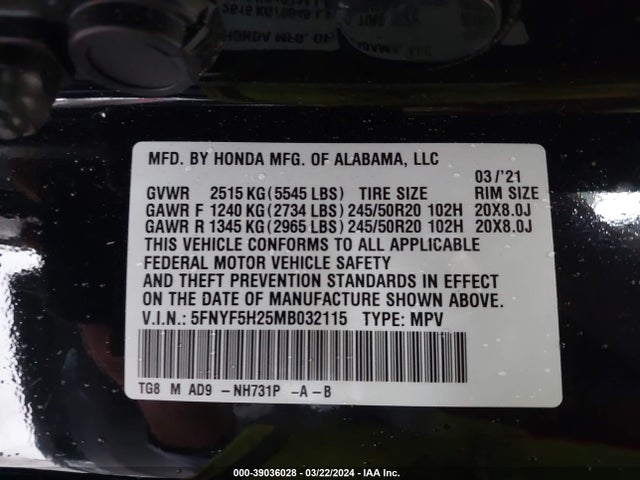 Honda Pilot 2wd Special Edition 2021 5FNYF5H25MB032115 Image 9