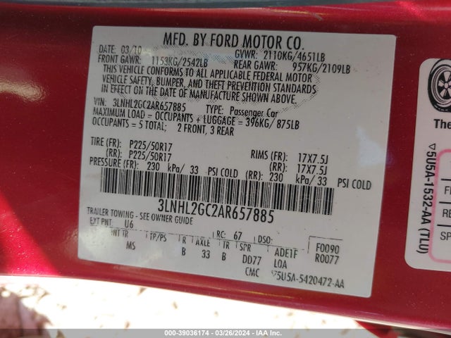 39036174 :رقم المزاد ، 3LNHL2GC2AR657885 vin ، 2010 Lincoln Mkz مزاد بيع