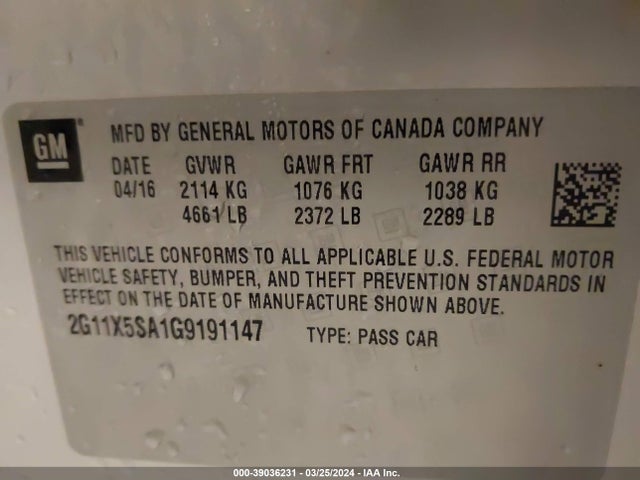 Chevrolet Impala 1fl 2016 2G11X5SA1G9191147 Image 9