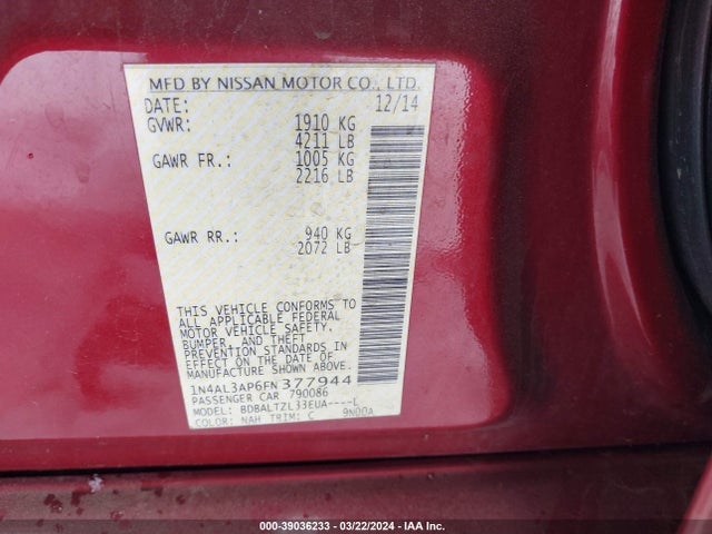 Nissan Altima 2.5 Sl 2015 1N4AL3AP6FN377944 Image 9