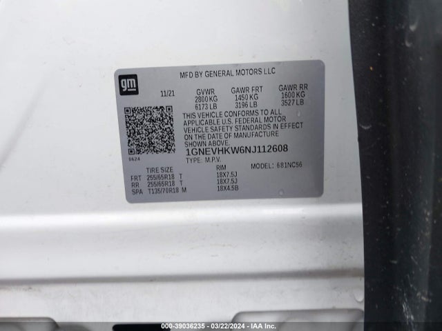 Chevrolet Traverse Lt 2022 1GNEVHKW6NJ112608 Image 9