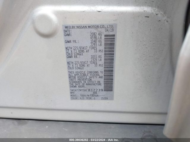 5N1AT2MT5KC812239 Nissan Rogue S/sl/sv