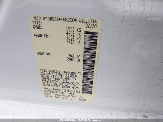 Nissan ALTIMA S 2020 1N4BL4BV0LC240531 Image 9