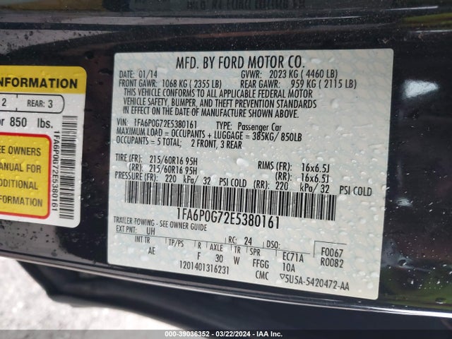 Ford FUSION S 2014 1FA6P0G72E5380161 Image 9