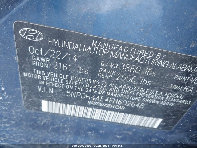 Hyundai ELANTRA SE 2015 5NPDH4AE4FH602648 Image 9