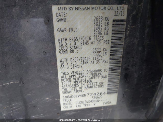 Nissan Frontier Pro-4x/s/sl/sv 2016 1N6AD0EV4GN724264 Image 9