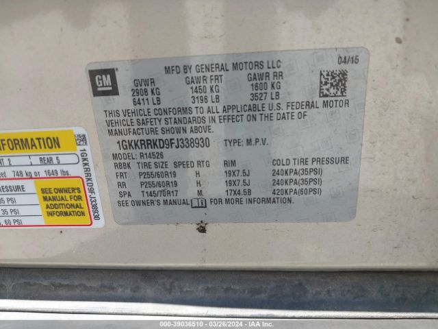 1GKKRRKD9FJ338930 GMC Acadia Slt-1