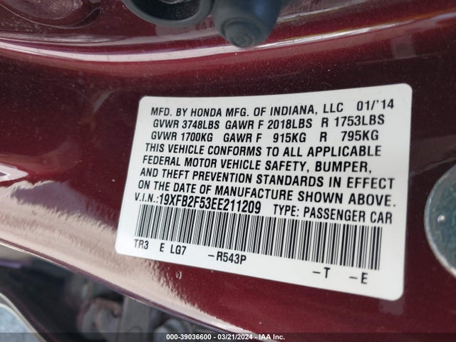 Honda Civic Lx 2014 19XFB2F53EE211209 Image 9