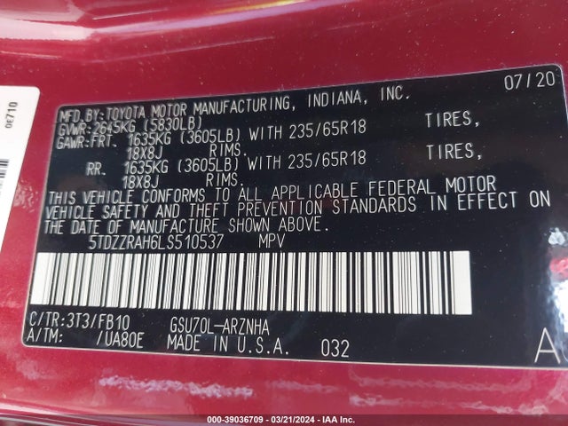 Toyota Highlander L/le 2020 5TDZZRAH6LS510537 Image 9