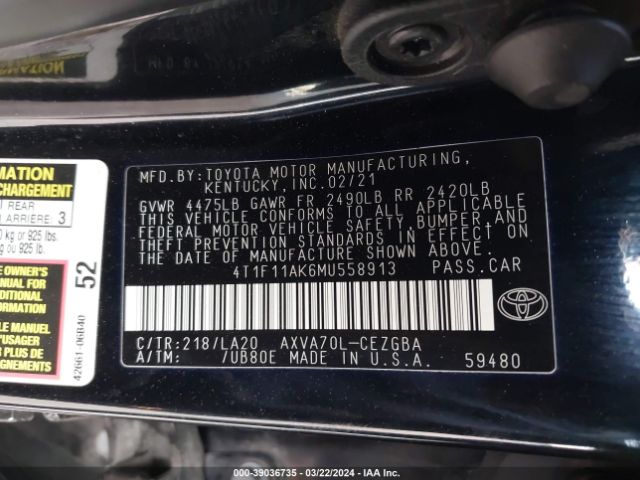 2021 TOYOTA CAMRY 4T1F11AK6MU558913 Photo 8